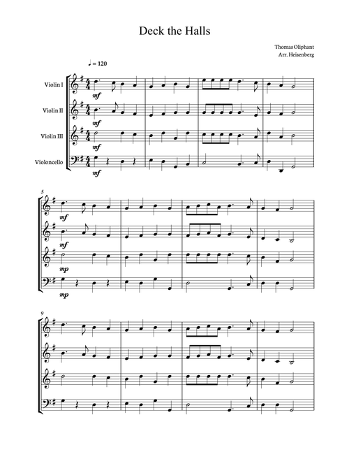 Deck The Halls for String Quartet (3 violins and 1 cello). Score and parts included. (Arr. Heisenberg) - Thomas Oliphant (String Ensemble)