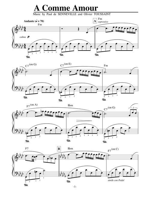 A Comme Amour by Paul de Senneville arranged Richard Clayderman for Piano
