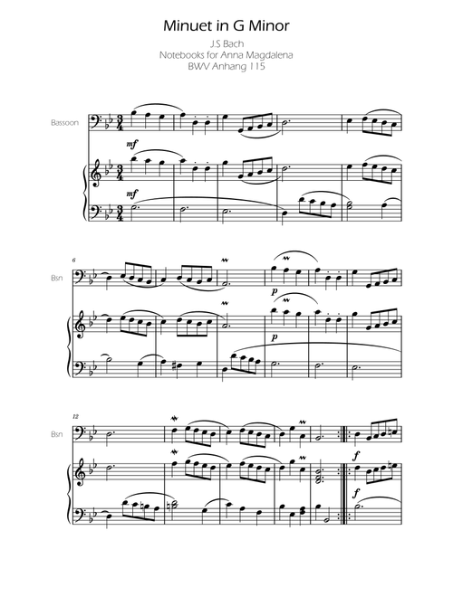 Minuet in G minor BWV Anh. 115 - Bach - Bassoon (Arr. Ygor Nunes) - Johann Sebastian Bach (Bassoon and Piano)