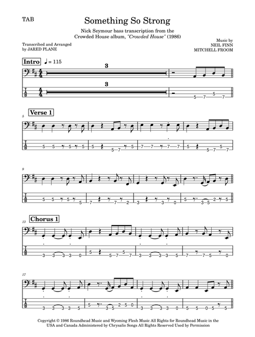 Something So Strong (Arr. Jared Plane) - Crowded House (Bass Tab)