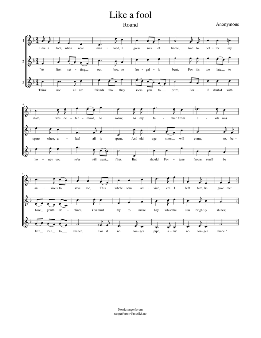 Like a fool Sheet Music for Vocals (Choral) | MuseScore.com