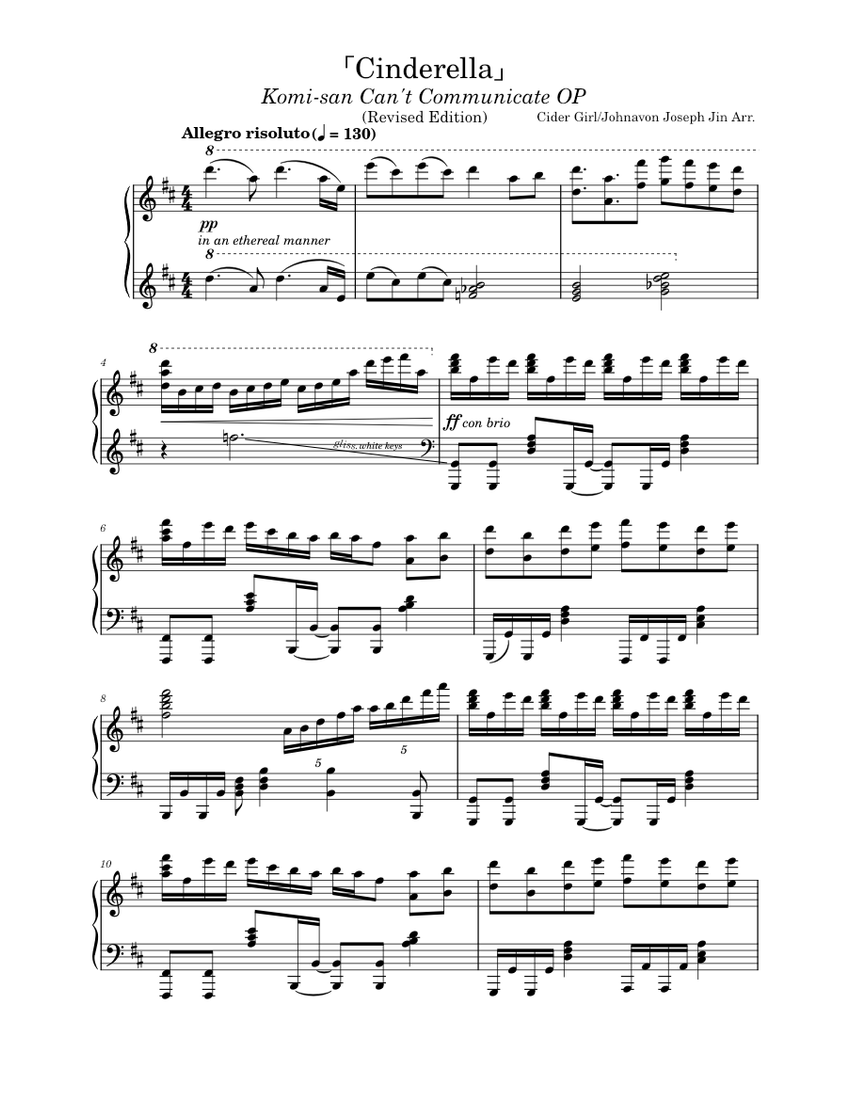Cinderella – Cidergirl Sheet Music for Piano (Solo