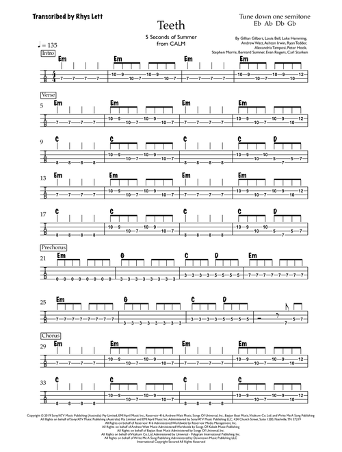 Teeth (Arr. Rhys Lett) - 5 Seconds Of Summer (Bass Tab)
