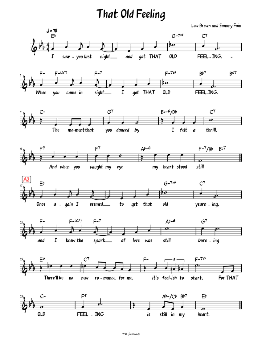 That Old Feeling (Lead sheet with lyrics ) Sheet music for Piano (Solo