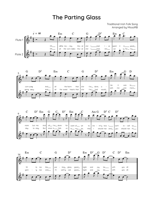 The Parting Glass - Flute Duet in G - Easy With Chords & Lyric (Arr. MissoRB) - Traditional Irish Folk Song (Flute Duet)