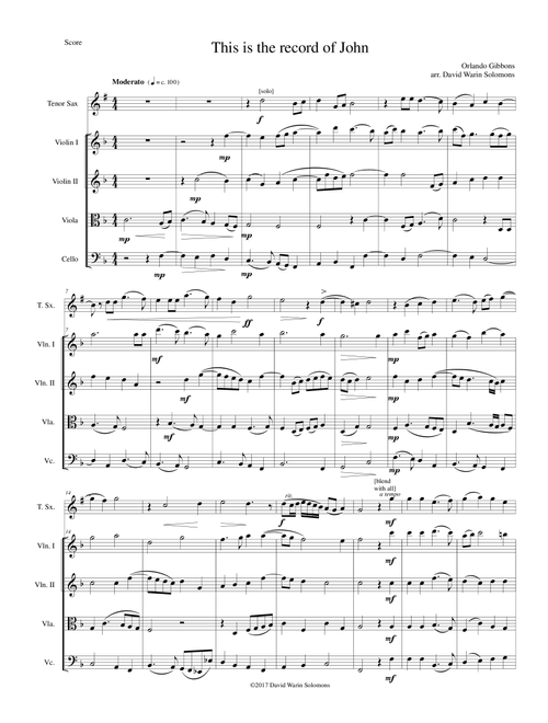 This is the record of John for tenor saxophone and string quartet (Arr. David Warin Solomons) - Orlando Gibbons (Chamber Orchestra)