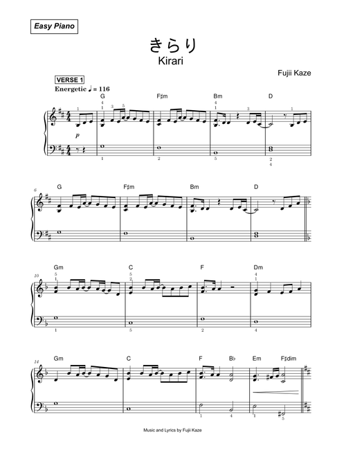 Kirari - きらり - Fujii Kaze (Easy Piano)