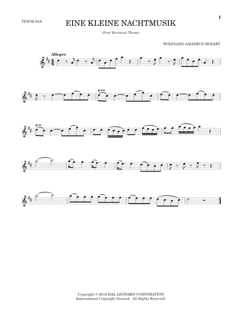 Eine Kleine Nachtmusik ("Serenade"), First Movement Excerpt - Wolfgang Amadeus Mozart (Tenor Sax Solo)