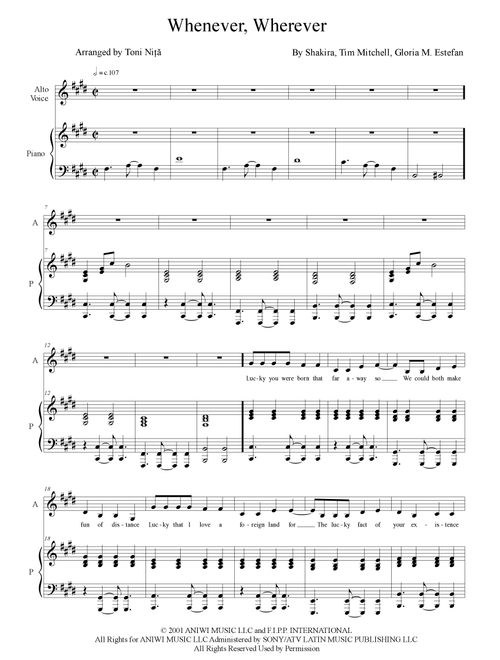 Whenever, Wherever (Arr. Toni Nita) - Shakira (Piano Vocal)