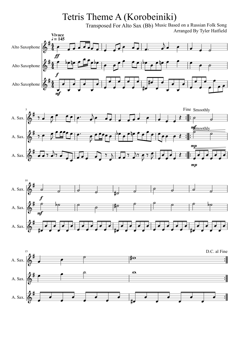 Tetris Theme A For Alto Saxophone Trio Sheet music for Saxophone alto  (Woodwind Duet) 