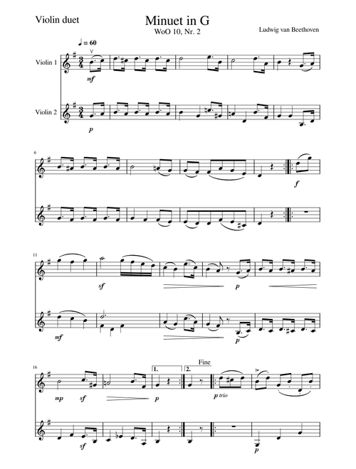 Minuet in G major WoO 10, No. 2 – Ludwig van Beethoven, violin duet