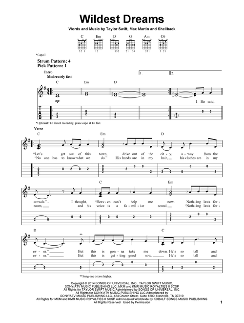Wildest Dreams - Taylor Swift (Easy Guitar with TAB)