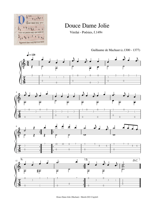 Douce Dame Jolie - Machaut, Guillaume de (c.1300 - 1377) - Tablature