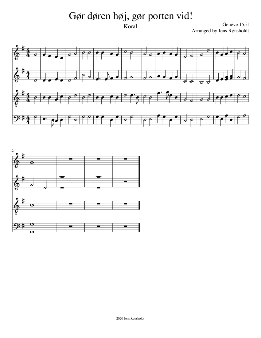 Gør døren høj, gør porten vid! Sheet Music for Piano (Solo) | MuseScore.com, image size:850x1100