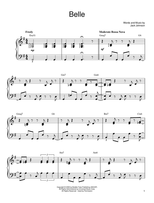 Belle - Jack Johnson (Easy Piano)