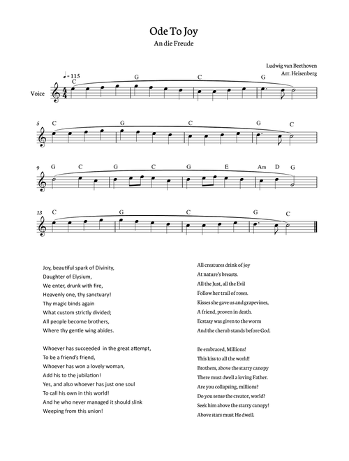 Beethoven - Ode To Joy for voice with chords in C (Lyrics in English) (Arr. Heisenberg) - Beetoven (Lead Sheet - Fake Book)