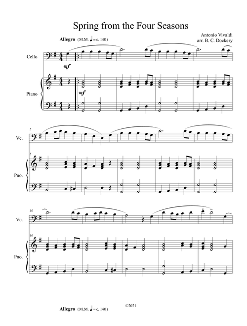 Spring from the Four Seasons (Cello Solo) with piano accompaniment (Arr. B. C. Dockery) - Antonio Vivaldi (Cello and Piano)