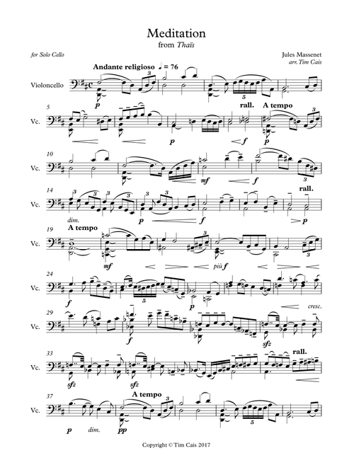 Massenet: Meditation (from Thaïs) - Solo Cello (Arr. Tim Cais) (Cello Solo)