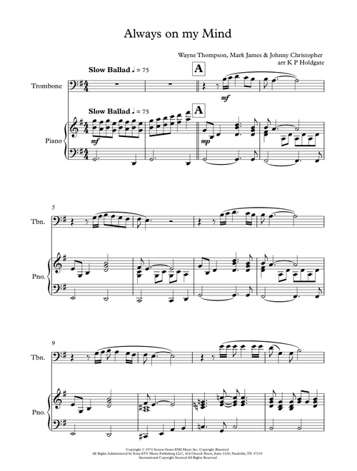 Always On My Mind (Arr. Kevin P Holdgate) - Elvis Presley (Trombone and Piano)