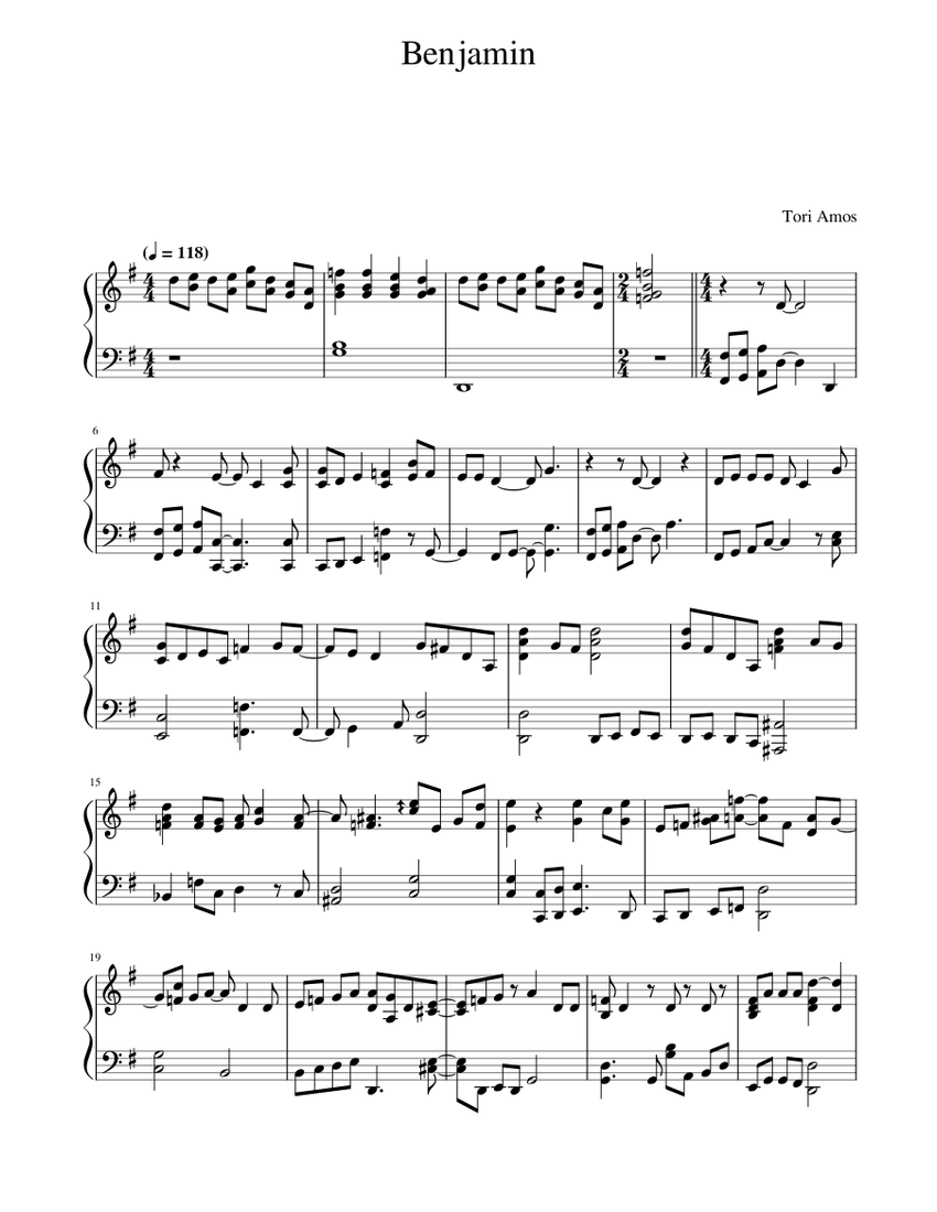 Benjamin tori amos benjamin tori amos sheet music for piano solo