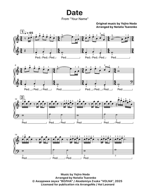 Date (from “Your Name.”) – Easy Piano Arrangement (Arr. Nataliia Tsarenko) - Radwimps (Easy Piano)