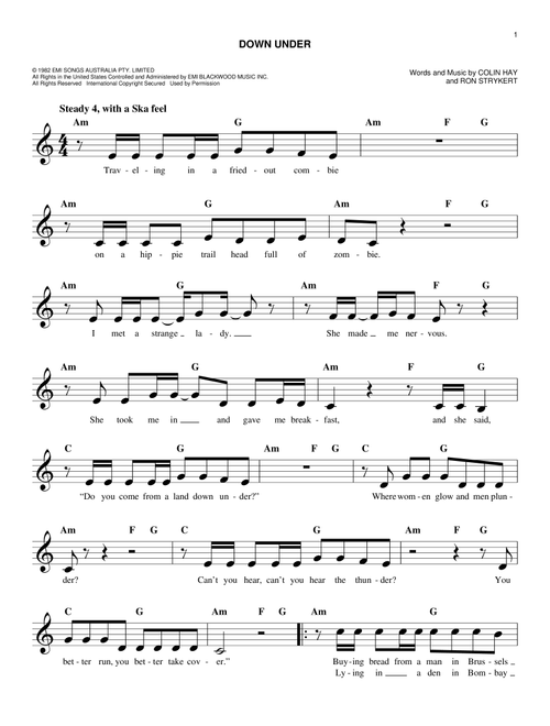 Down Under - Men At Work (Easy Lead Sheet - Fake Book)