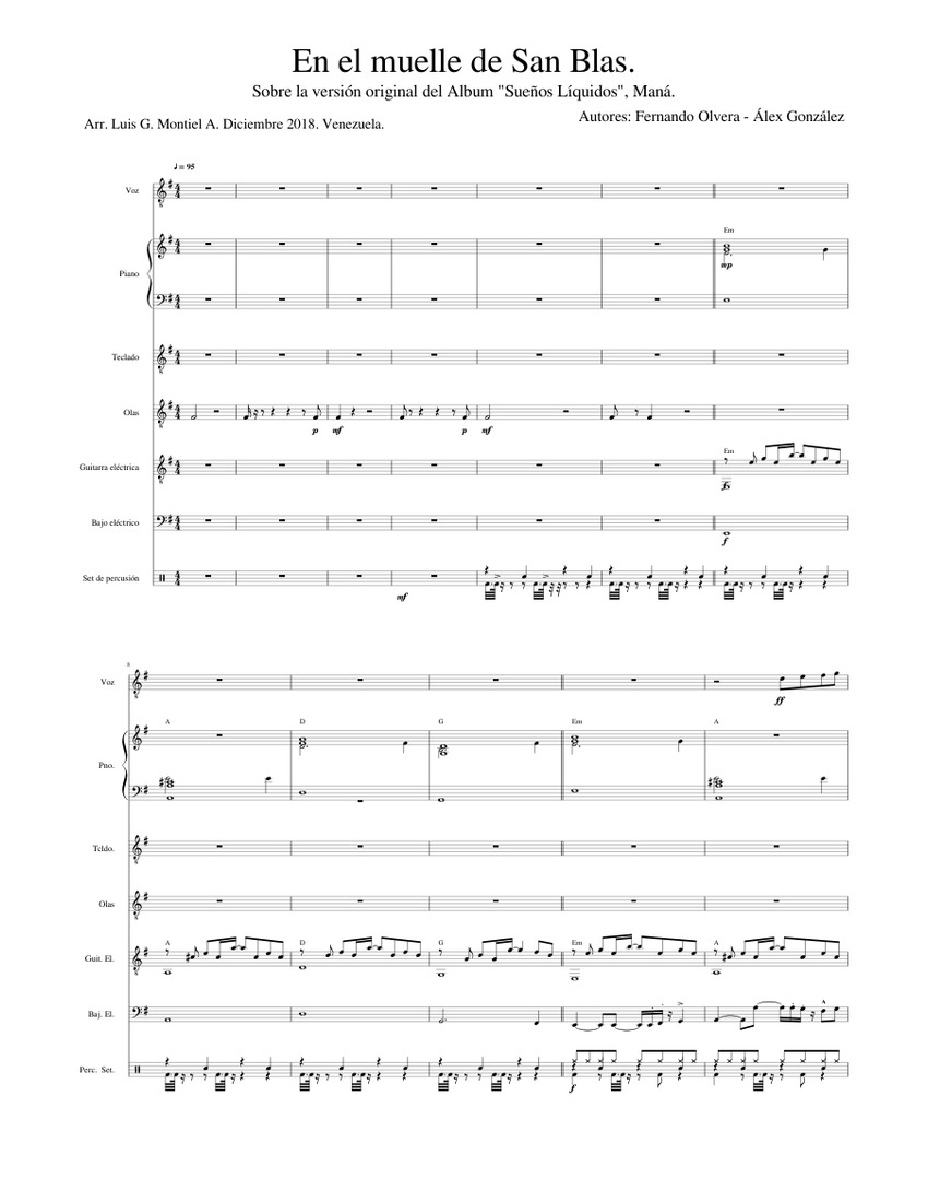 En el muelle de San Blas. Maná Sheet music for Piano, Guitar, Bass ...