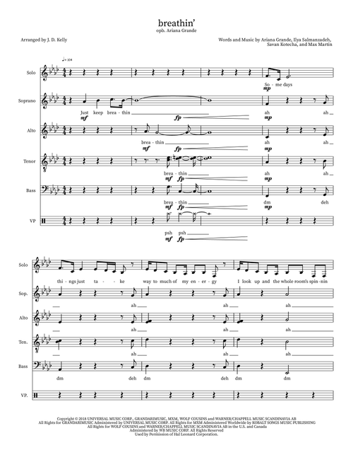 Breathin (Arr. J. D. Kelly) - Ariana Grande (Choral, SATB divisi)