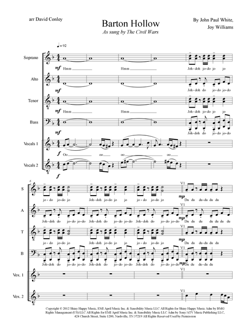 Barton Hollow (Arr. David Conley) - The Civil Wars (Choral, SATB)