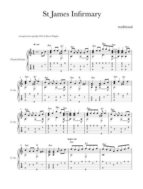 St James Infirmary (Arr. Ron k Wiggins) - Traditional (Guitar Tab)
