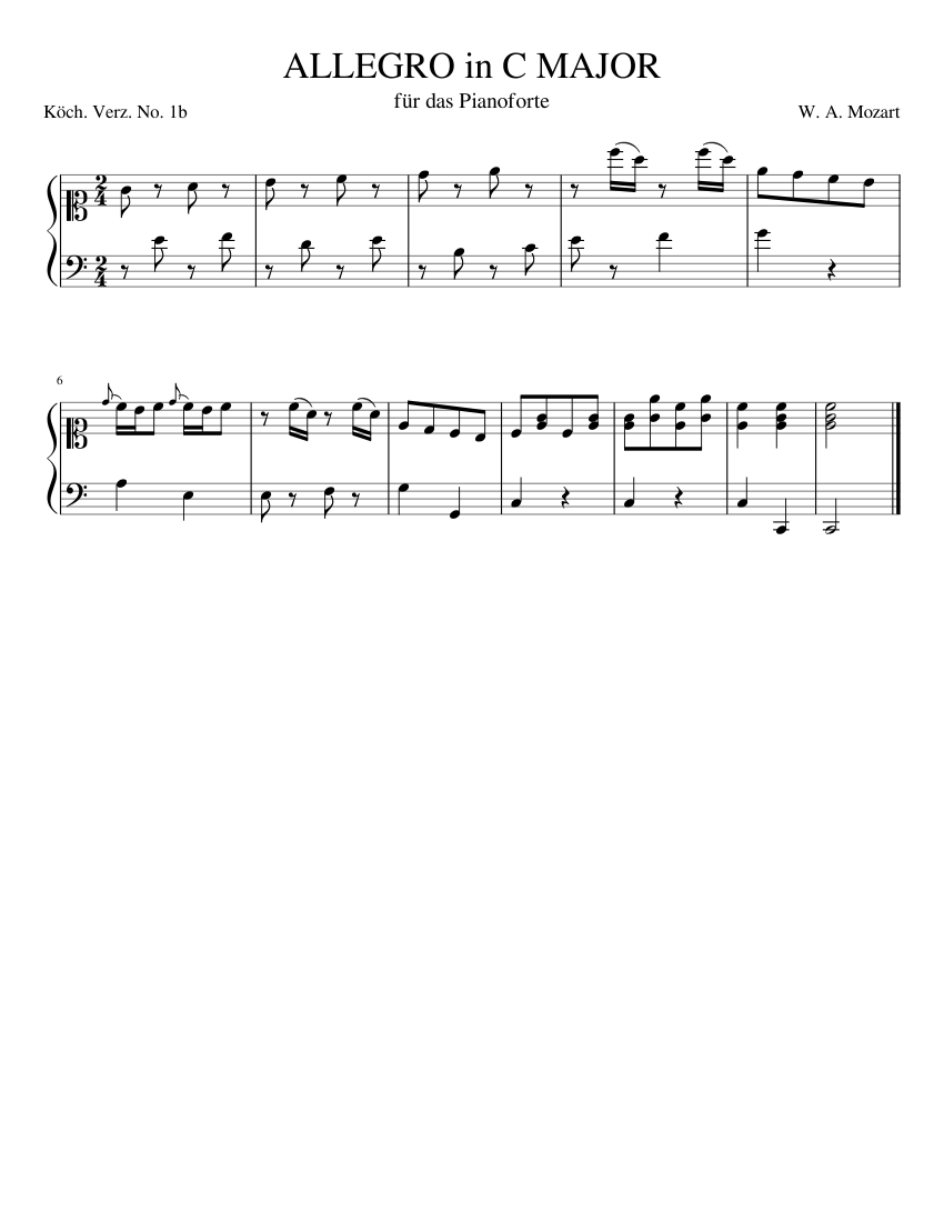 W. A. Mozart, Allegro in C Major, K1b. Sheet Music for Piano (Solo