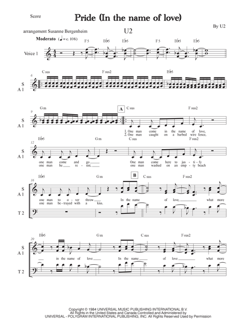 Pride (in The Name Of Love) (Arr. Susanne Bergenheim) - U2 (Choral, SAT)