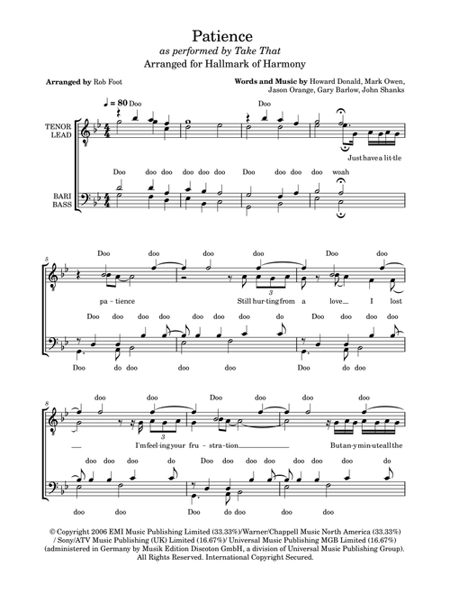Patience (Arr. Rob Foot) - Take That (Choral, TTBB)