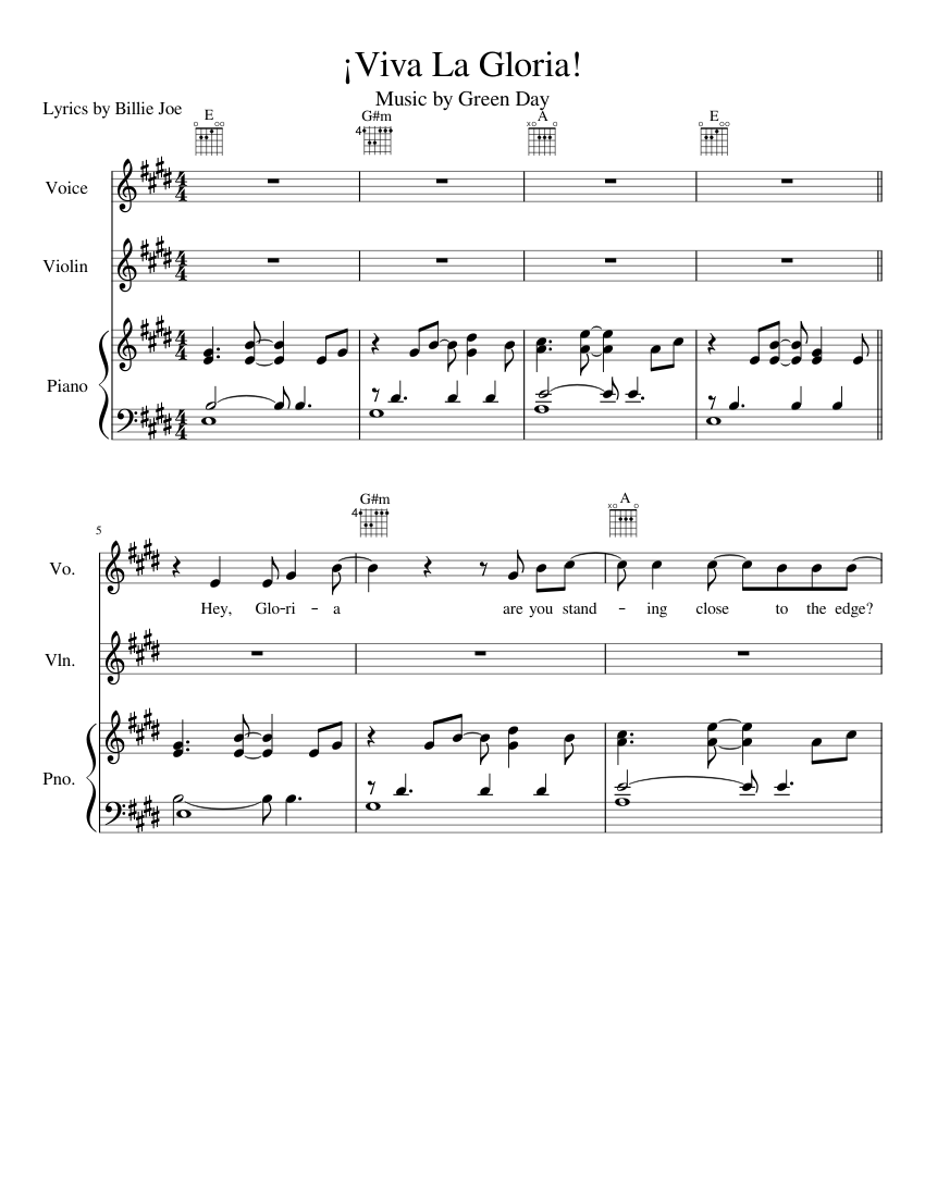 Antología Pickering conjunción Viva La Gloria! - by Green Day Sheet music for Piano, Vocals, Violin (Mixed  Trio) | Musescore.com