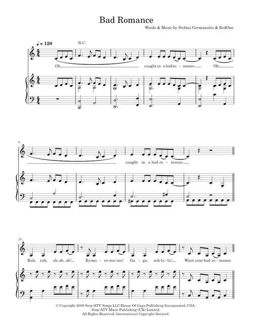 Bad Romance - Lady Gaga (Piano-Vocal-Guitar (Piano Accompaniment))