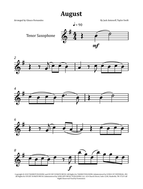 August (Arr. Glauco Fernandes) - Taylor Swift (Tenor Sax Solo)