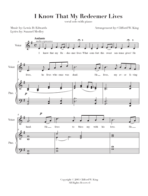 I Know That My Redeemer Lives ( vocal solo + piano ) (Arr. Clifford W. King) - Lewis D. Edwards (Piano Vocal)