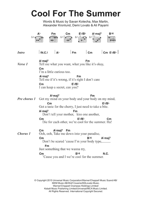 Cool For The Summer - Demi Lovato (Guitar Chords-Lyrics)