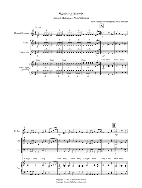 Wedding March (from A Midsummer Night's Dream) for Descant Recorder, Violin and Cello Trio (Arr. David Burndrett) - Felix Mendelssohn (Small Ensemble)