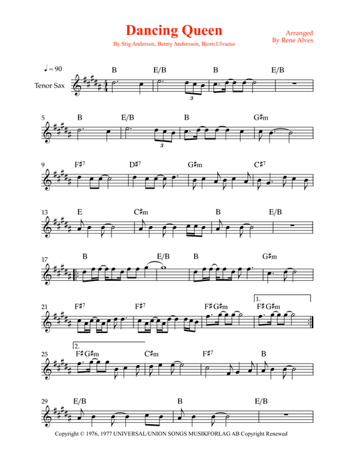 Dancing Queen (Arr. Rene Alves) - ABBA (Tenor Sax Solo)