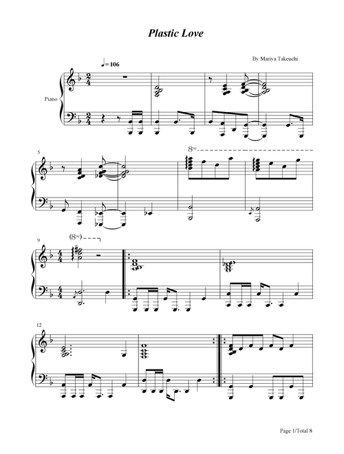 Plastic Love - Mariya Takeuchi - 竹内まりや - For Piano Solo (Arr. poon) (Piano Solo)