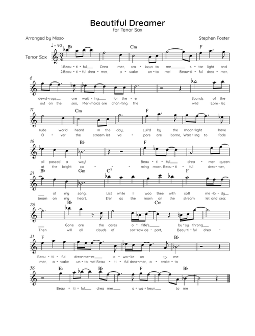 Beautiful Dreamer - Solo Tenor Sax in Bb Major Easy - Lyrics & Chords (Version Tom Roush) (Arr. Misso) (Tenor Sax Solo)