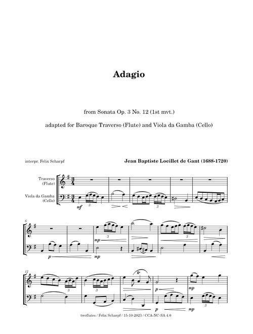 Adagio - Sonata Op. 3 No. 12 (1st mvt.) J. B. Loeillet de Gant - for Flute and Cello