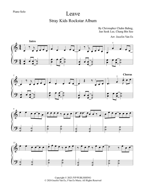 Leave (Arr. Jocelin Van Es, J Van Es Music) - Stray Kids (Piano Solo)