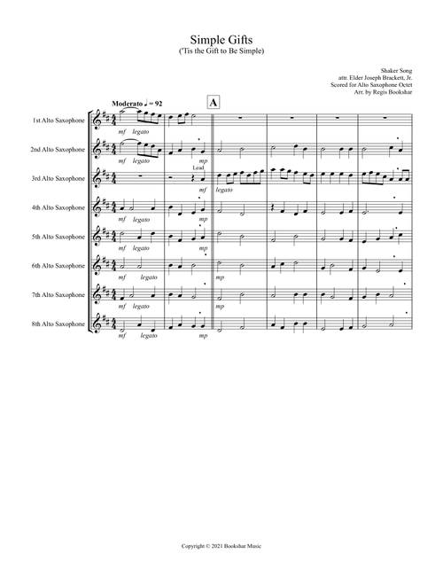 Simple Gifts ('Tis the Gift to Be Simple) (F) (Alto Saxophone Octet) (Arr. Regis Bookshar) - Shaker Song (attr. Elder Joseph Brackett, Jr.) (Woodwind Ensemble)