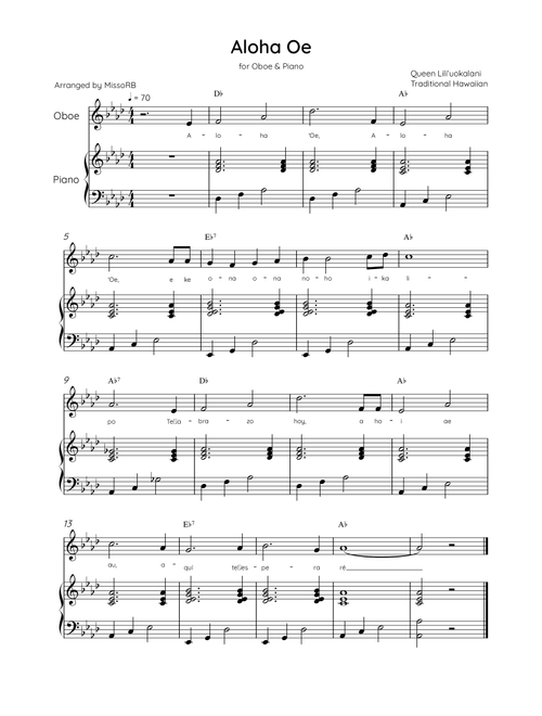 Aloha Oe - Oboe & Piano in Ab Major Easy With Lyrics & Chords (Arr. MissoRB) - Queen Liliʻuokalani (Oboe and Piano)