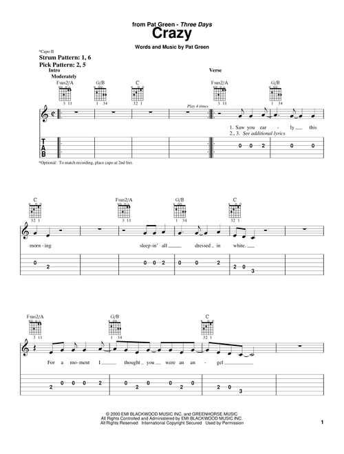 Crazy - Pat Green (Easy Guitar with TAB)