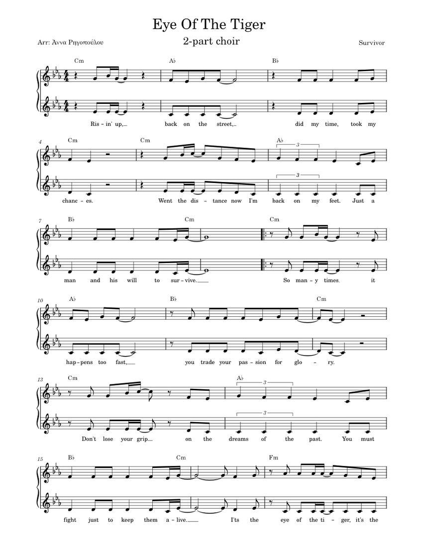 Eye of the tiger – Survivor (2-part choir) Sheet Music with Chords