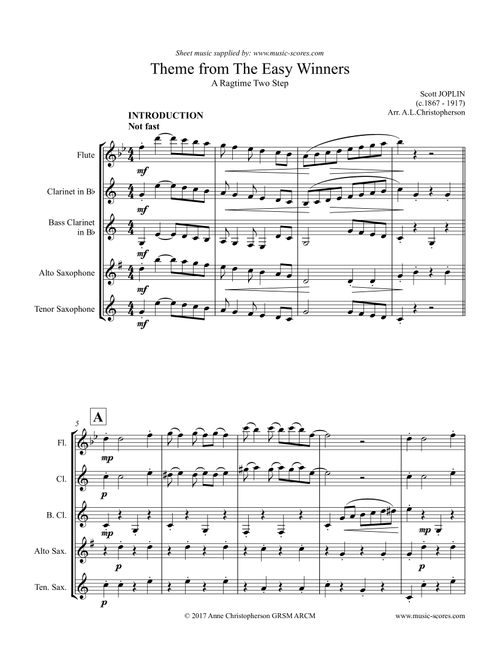 The Easy Winners Theme - Flute, Clarinet, Bass Clarinet, Alto Sax and Tenor Sax (Arr. Anne Christopherson GRSM ARCM) - Joplin, Scott (Small Ensemble)