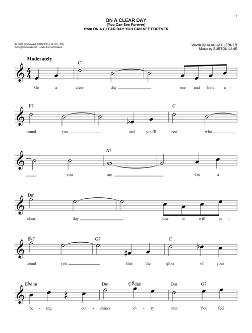 On A Clear Day (You Can See Forever) - Alan Jay Lerner & Burton Lane (Easy Lead Sheet - Fake Book)